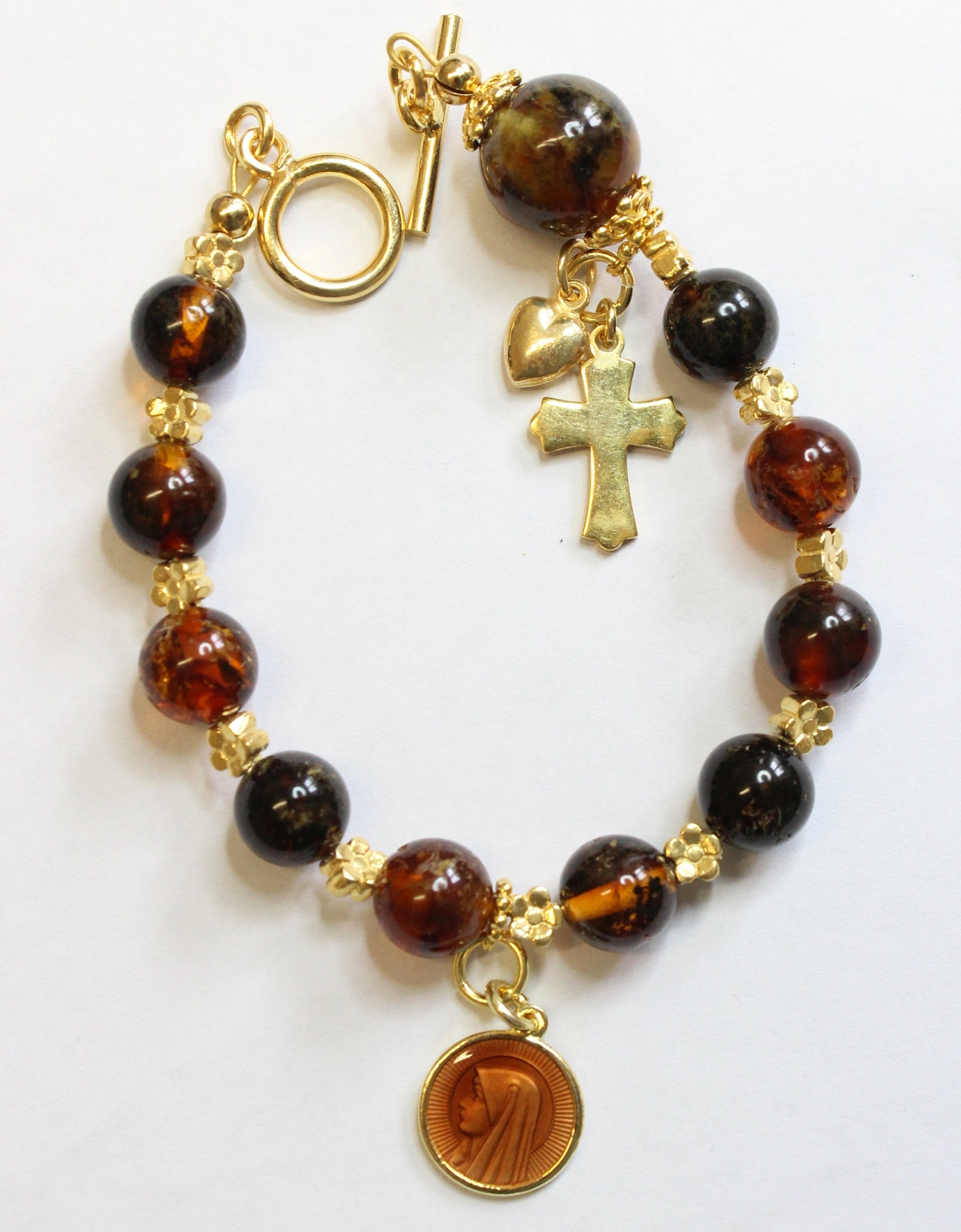 Catholic Rosary Bracelet Genuine Baltic Amber, Enamel Guilloche Medal & Vermeil