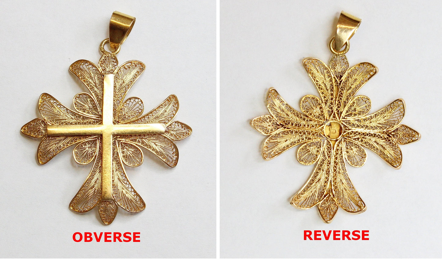 Late 19th Cent. Solid 18K Gold Filigree Large Cross Pendant Medal High Rarity