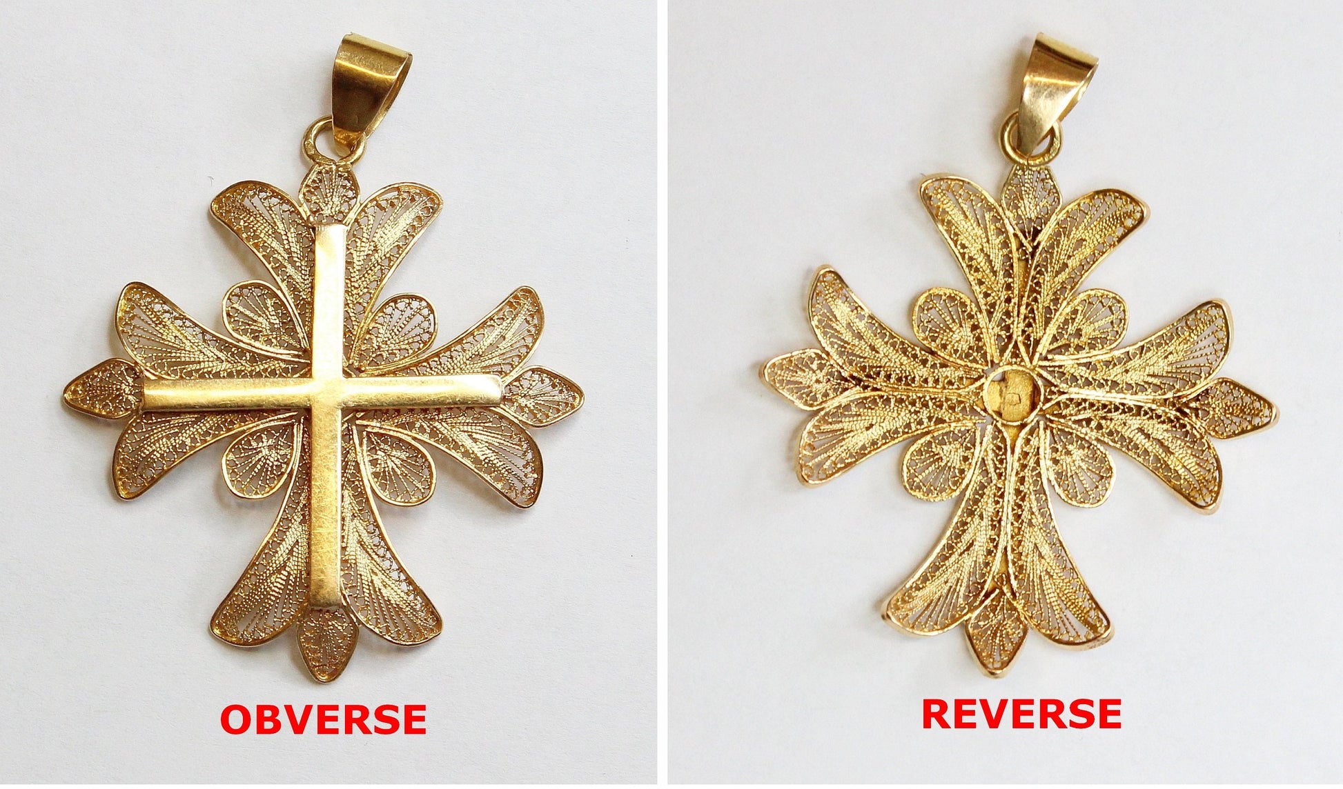 Late 19th Cent. Solid 18K Gold Filigree Large Cross Pendant Medal High Rarity