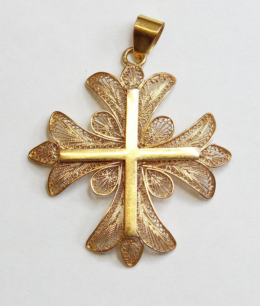 Late 19th Cent. Solid 18K Gold Filigree Large Cross Pendant Medal High Rarity