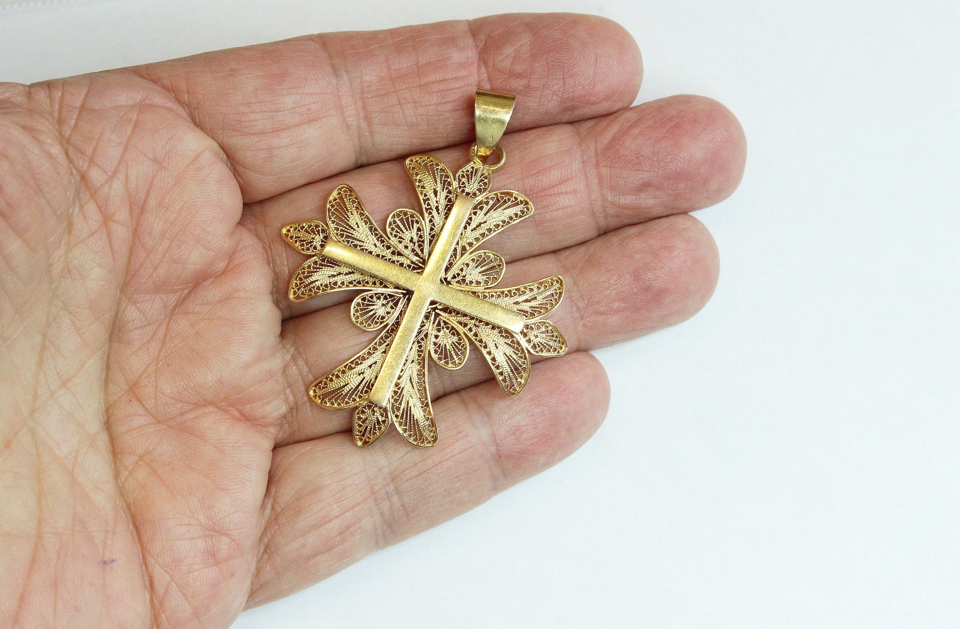 Late 19th Cent. Solid 18K Gold Filigree Large Cross Pendant Medal High Rarity