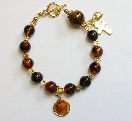 Catholic Rosary Bracelet Genuine Baltic Amber, Enamel Guilloche Medal & Vermeil