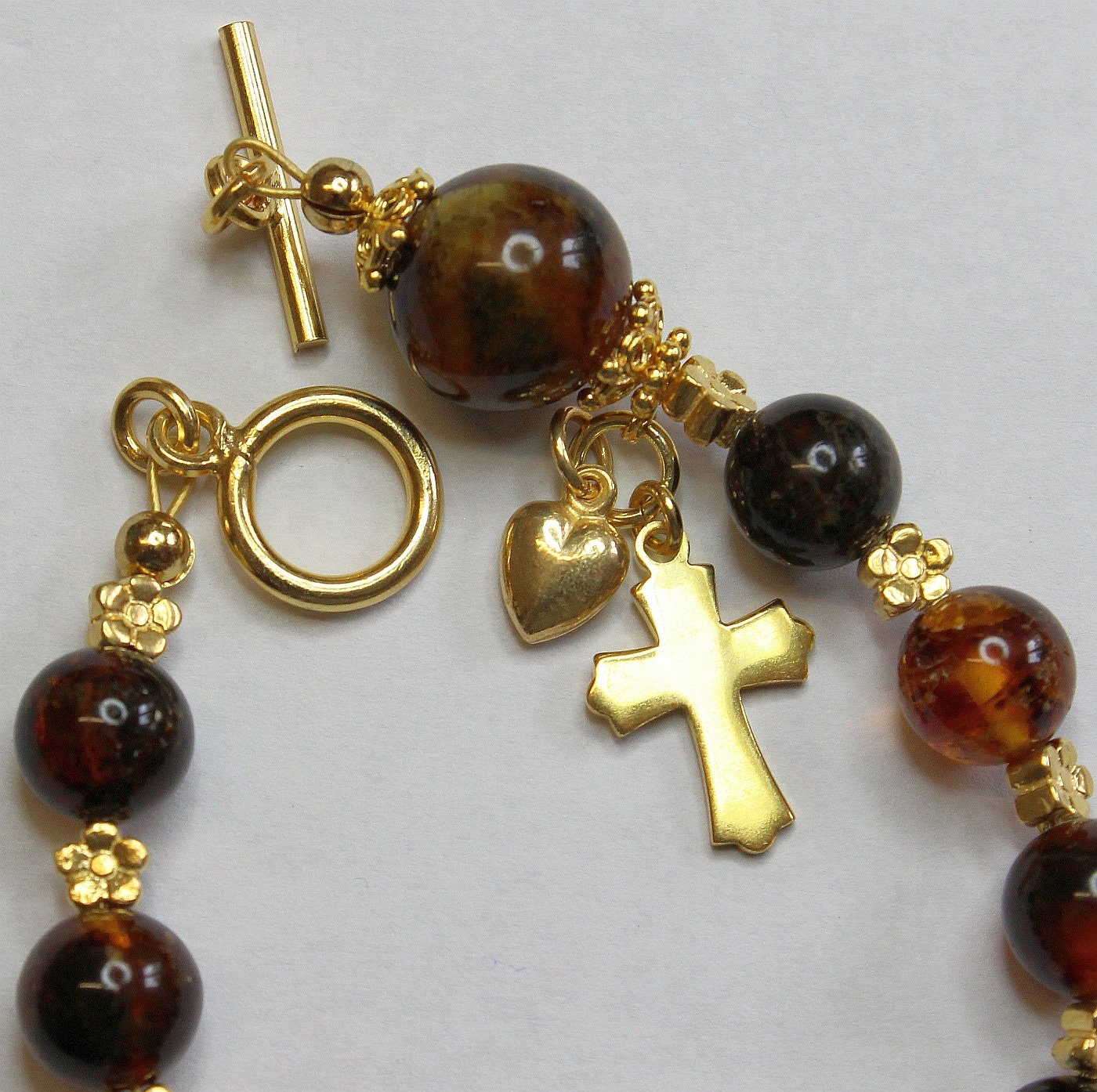 Catholic Rosary Bracelet Genuine Baltic Amber, Enamel Guilloche Medal & Vermeil