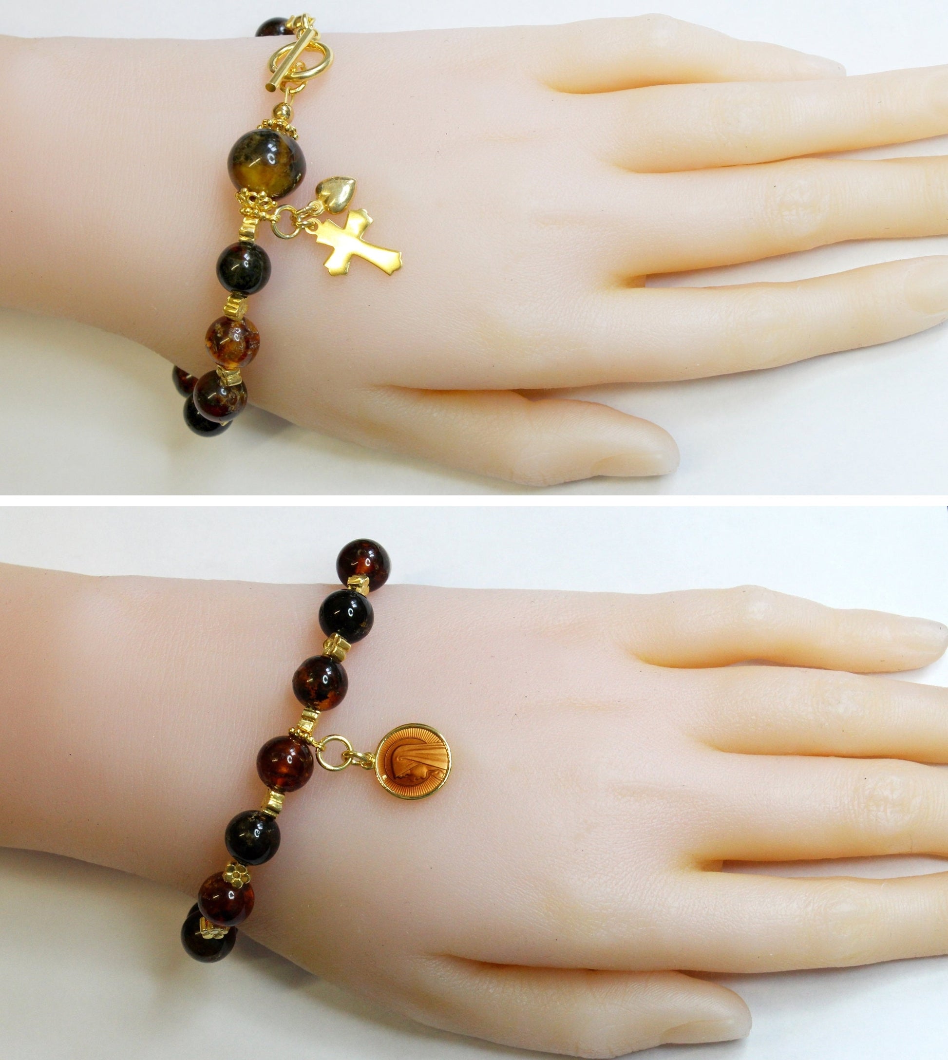 Catholic Rosary Bracelet Genuine Baltic Amber, Enamel Guilloche Medal & Vermeil