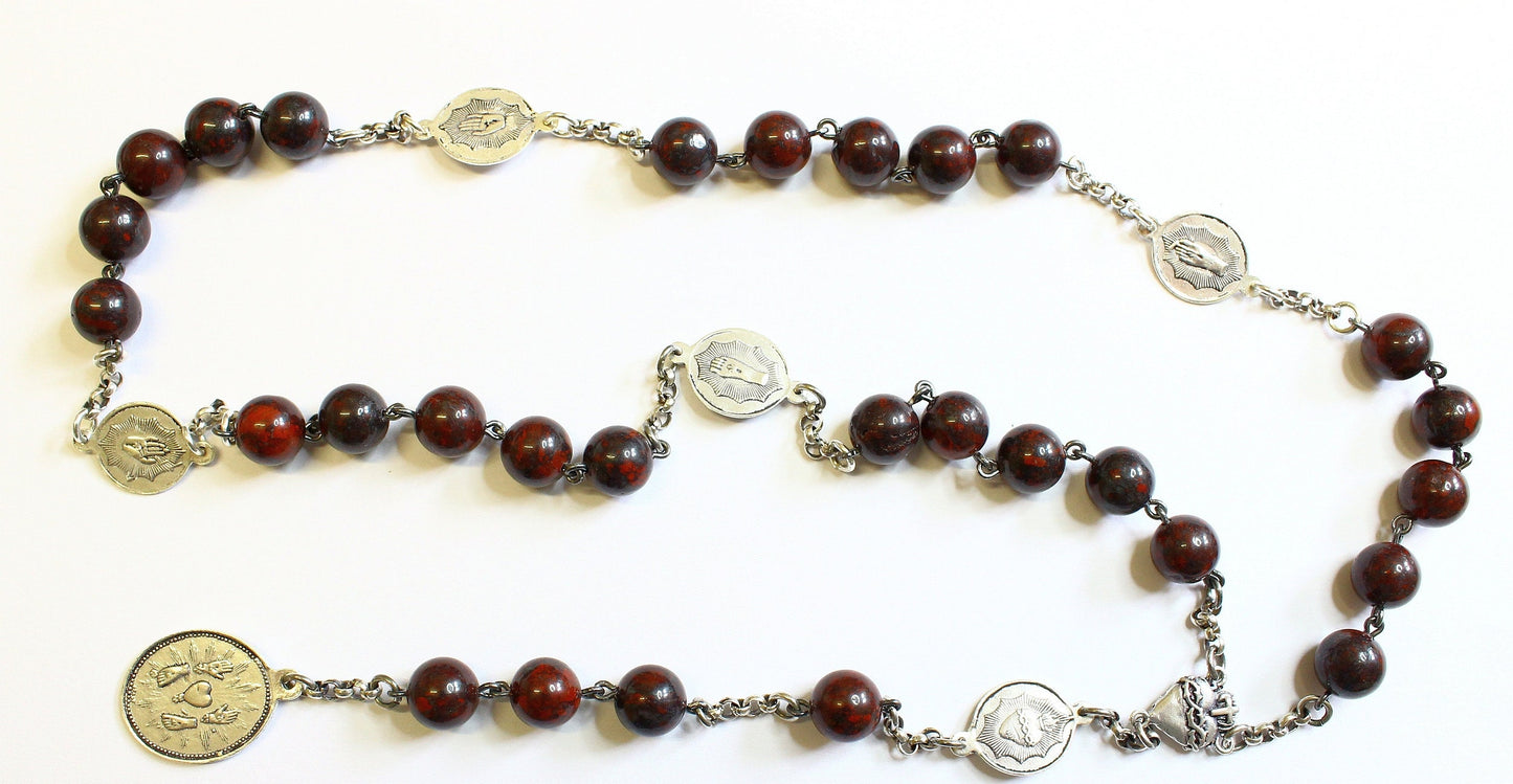 Early 20th Cent. V. Rare Chaplet Rosary of the 5 Wounds in Bloodstone & Sterling Silver