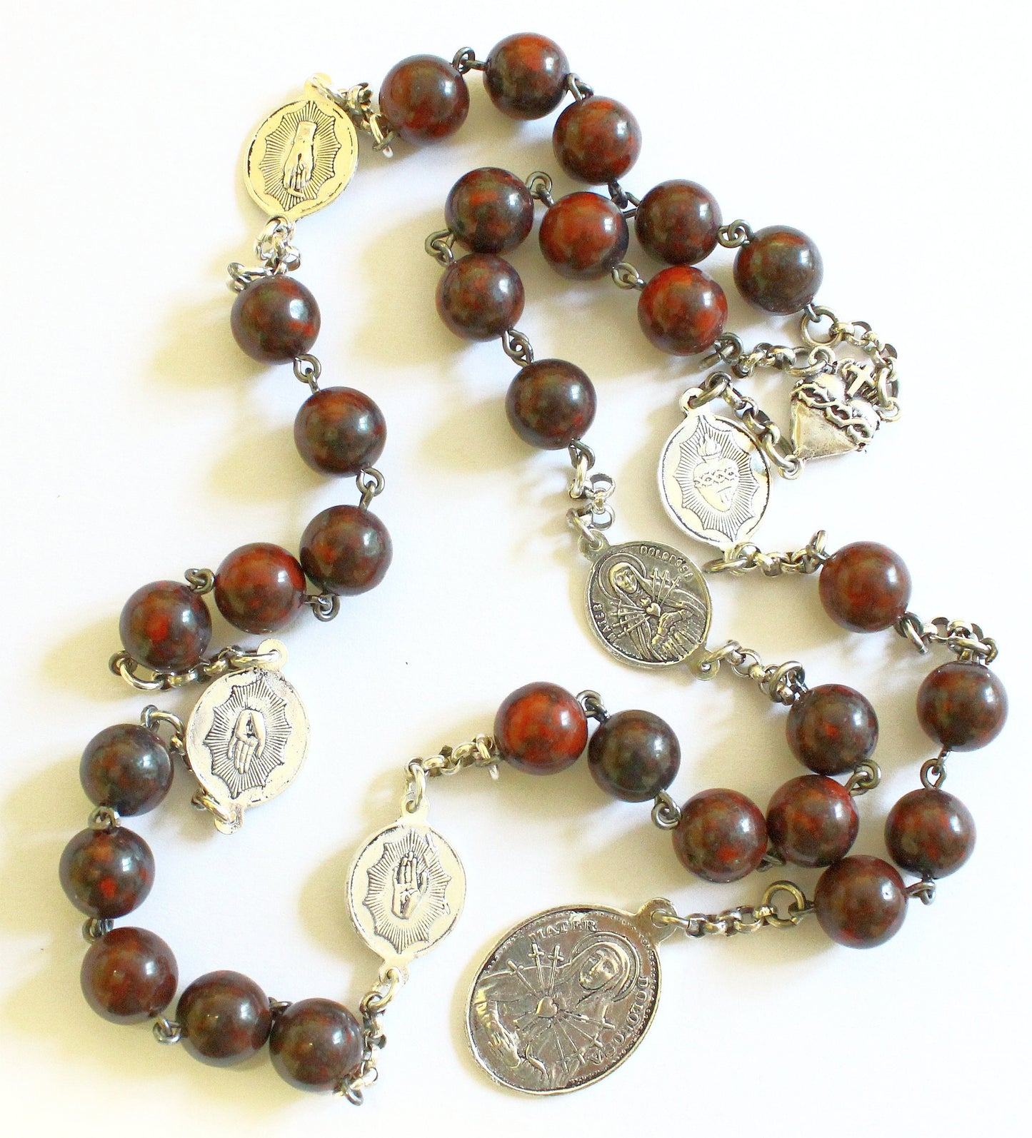 Early 20th Cent. V. Rare Chaplet Rosary of the 5 Wounds in Bloodstone & Sterling Silver