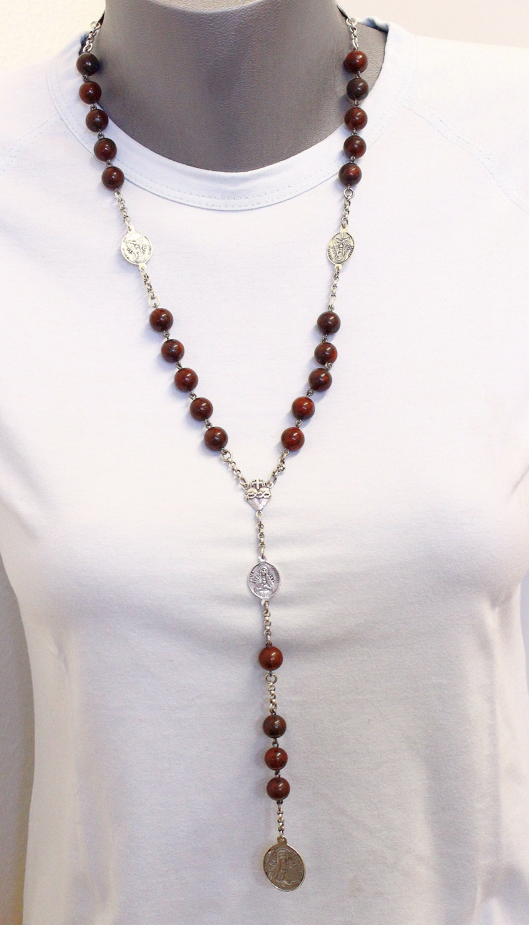 Early 20th Cent. V. Rare Chaplet Rosary of the 5 Wounds in Bloodstone & Sterling Silver