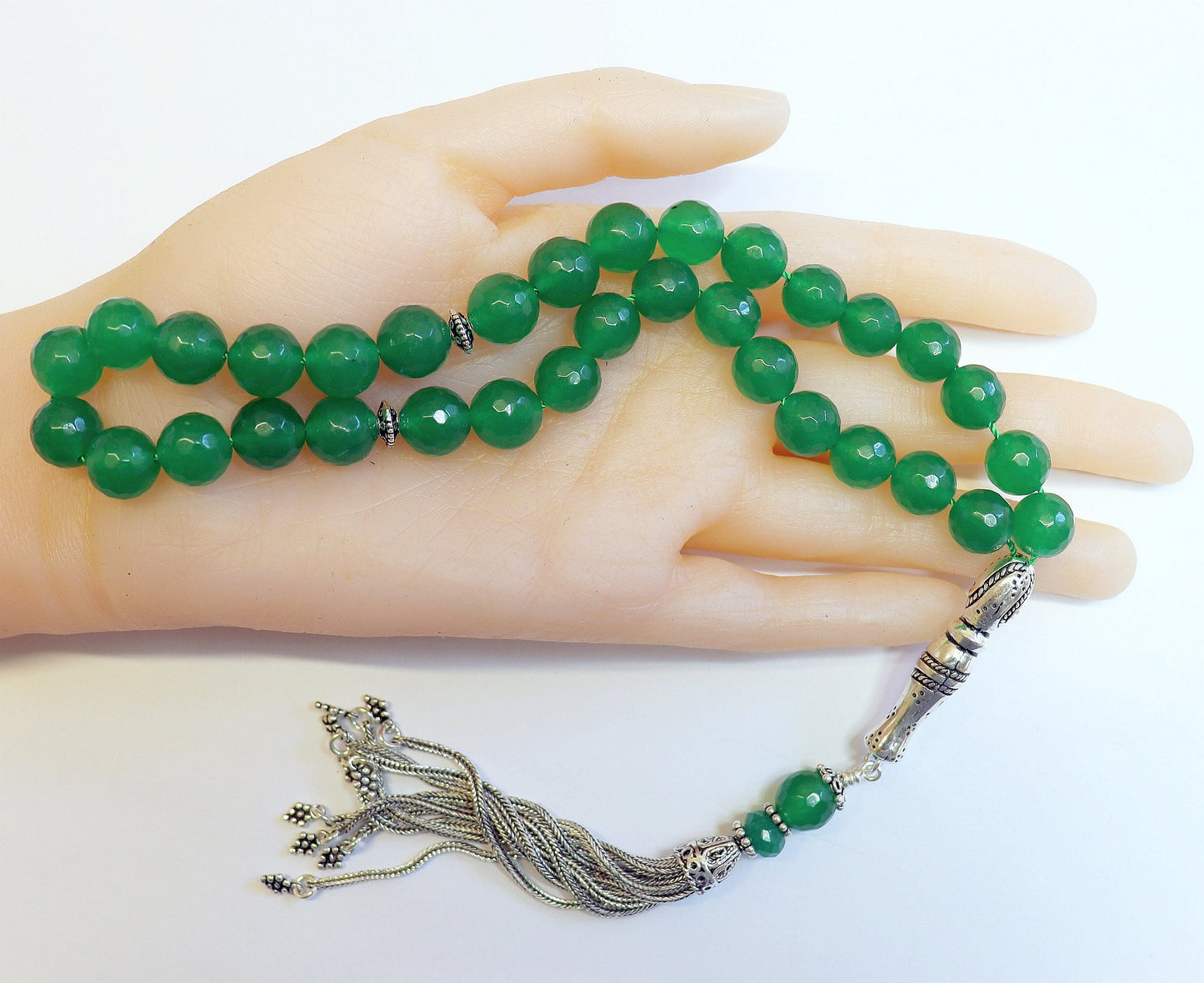 Luxury Prayer Beads Tesbih Komboloi Large Faceted Emeralds and Sterling Silver - Top Quality - Collector's