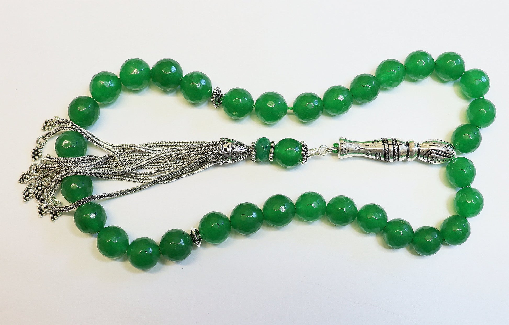 Luxury Prayer Beads Tesbih Komboloi Large Faceted Emeralds and Sterling Silver - Top Quality - Collector's