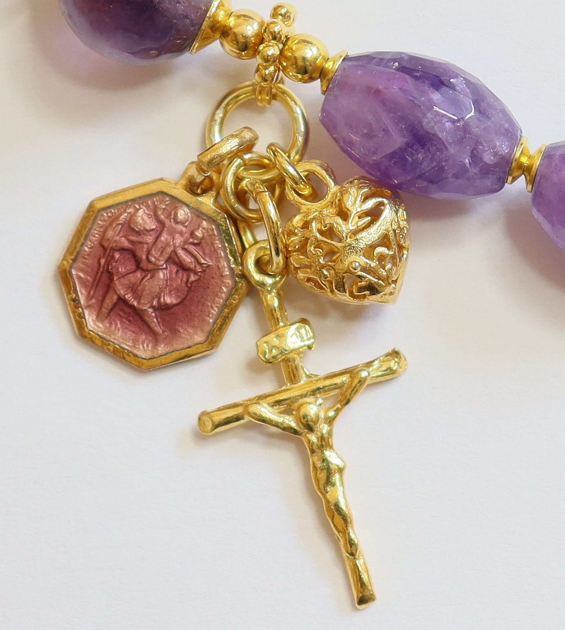 One Decade Catholic Rosary Bracelet Faceted Oval Amethyst, Vermeil & Enamel