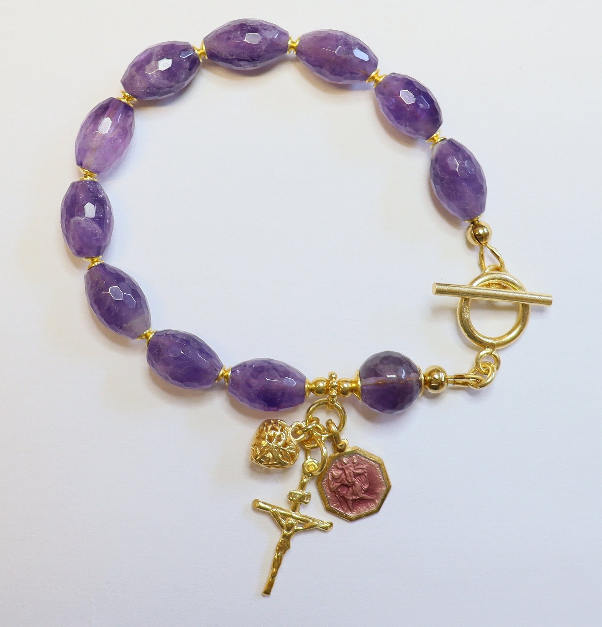 One Decade Catholic Rosary Bracelet Faceted Oval Amethyst, Vermeil & Enamel