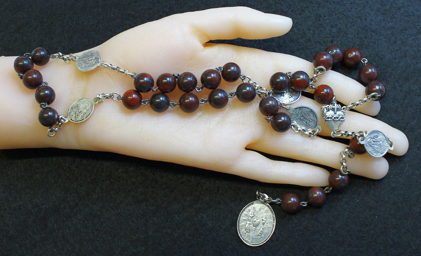 Early 20th Cent. V. Rare Chaplet Rosary of the 5 Wounds in Bloodstone & Sterling Silver