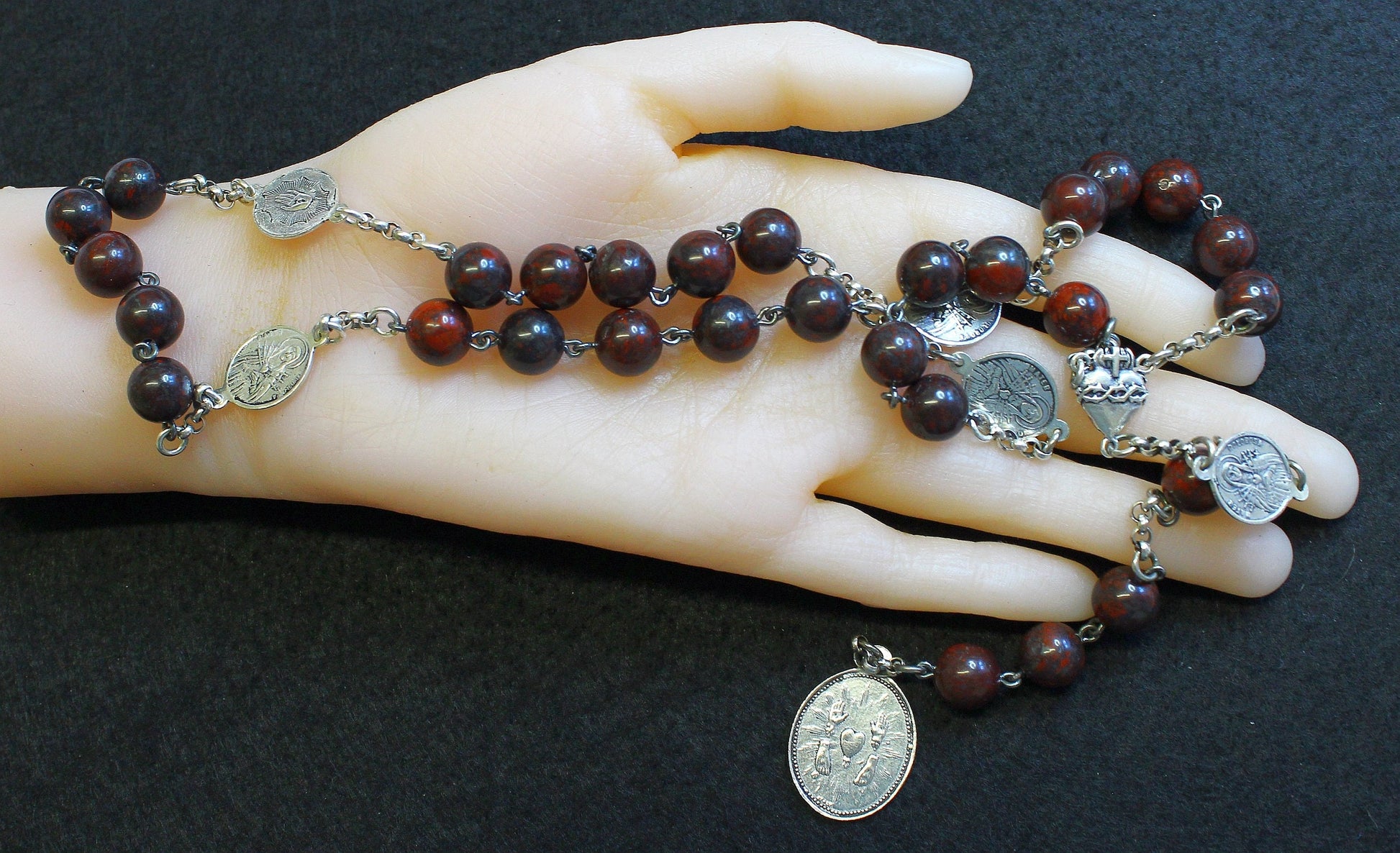 Early 20th Cent. V. Rare Chaplet Rosary of the 5 Wounds in Bloodstone & Sterling Silver