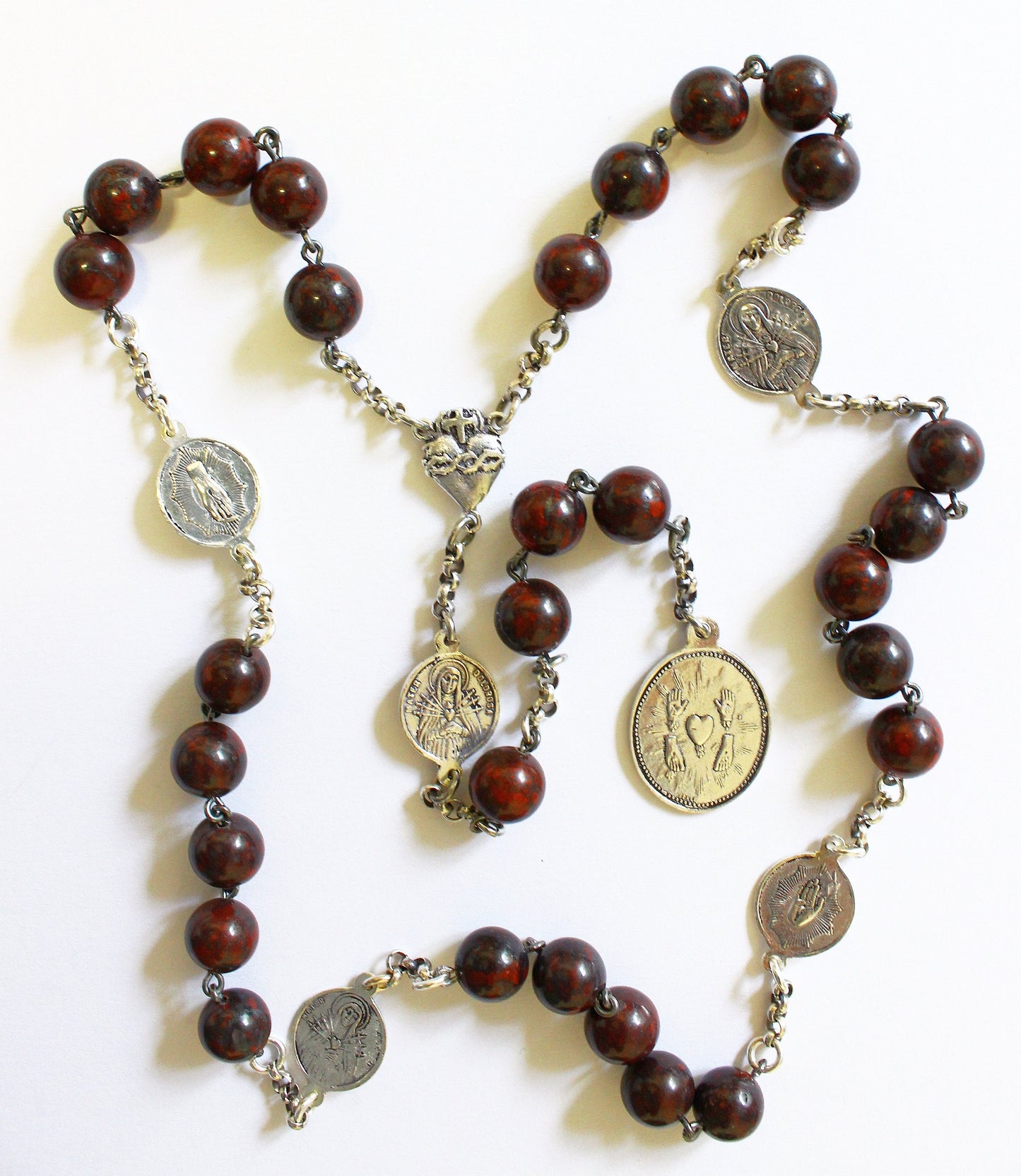 Early 20th Cent. V. Rare Chaplet Rosary of the 5 Wounds in Bloodstone & Sterling Silver