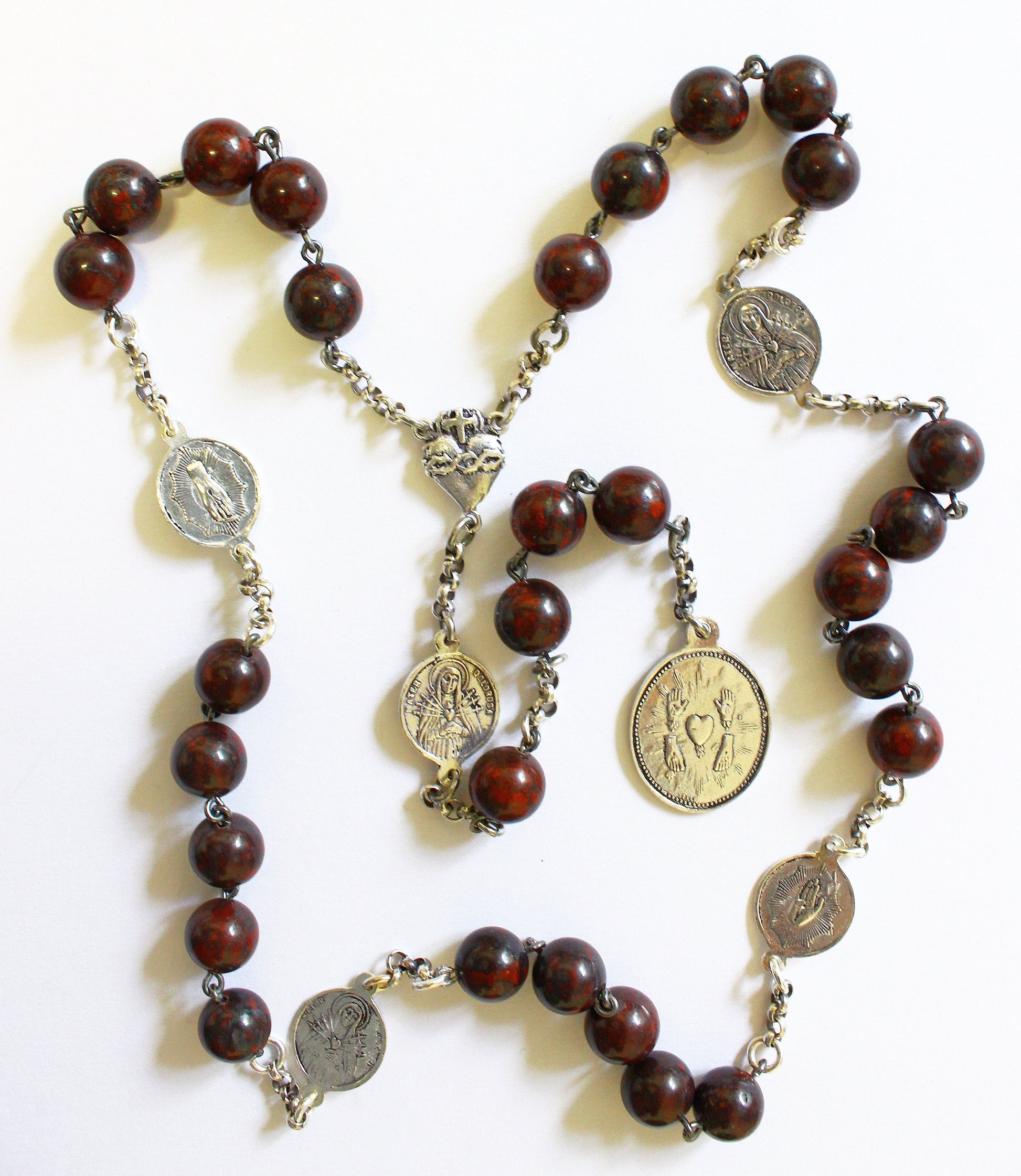 Early 20th Cent. V. Rare Chaplet Rosary of the 5 Wounds in Bloodstone & Sterling Silver