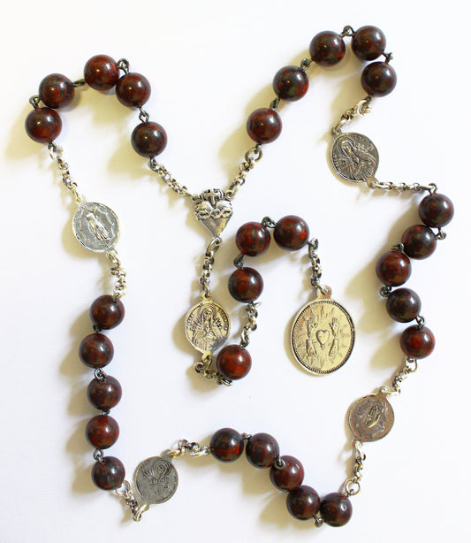 Early 20th Cent. V. Rare Chaplet Rosary of the 5 Wounds in Bloodstone & Sterling Silver