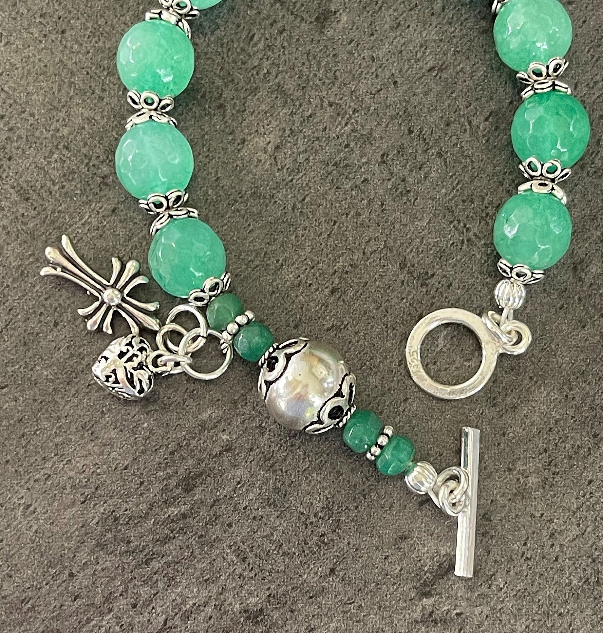 Catholic Rosary Bracelet Faceted Genuine Emerald & Sterling Silver