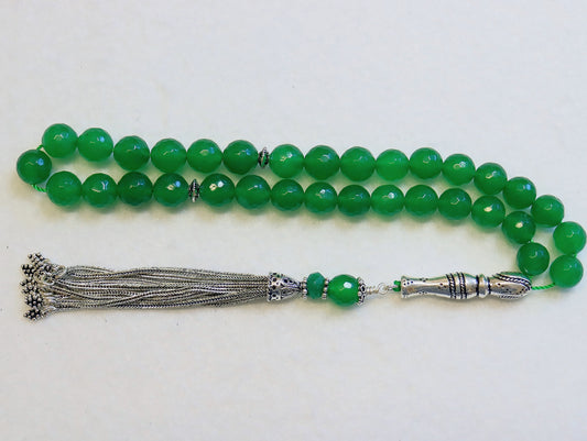 Luxury Prayer Beads Tesbih Komboloi Large Faceted Emeralds and Sterling Silver - Top Quality - Collector's