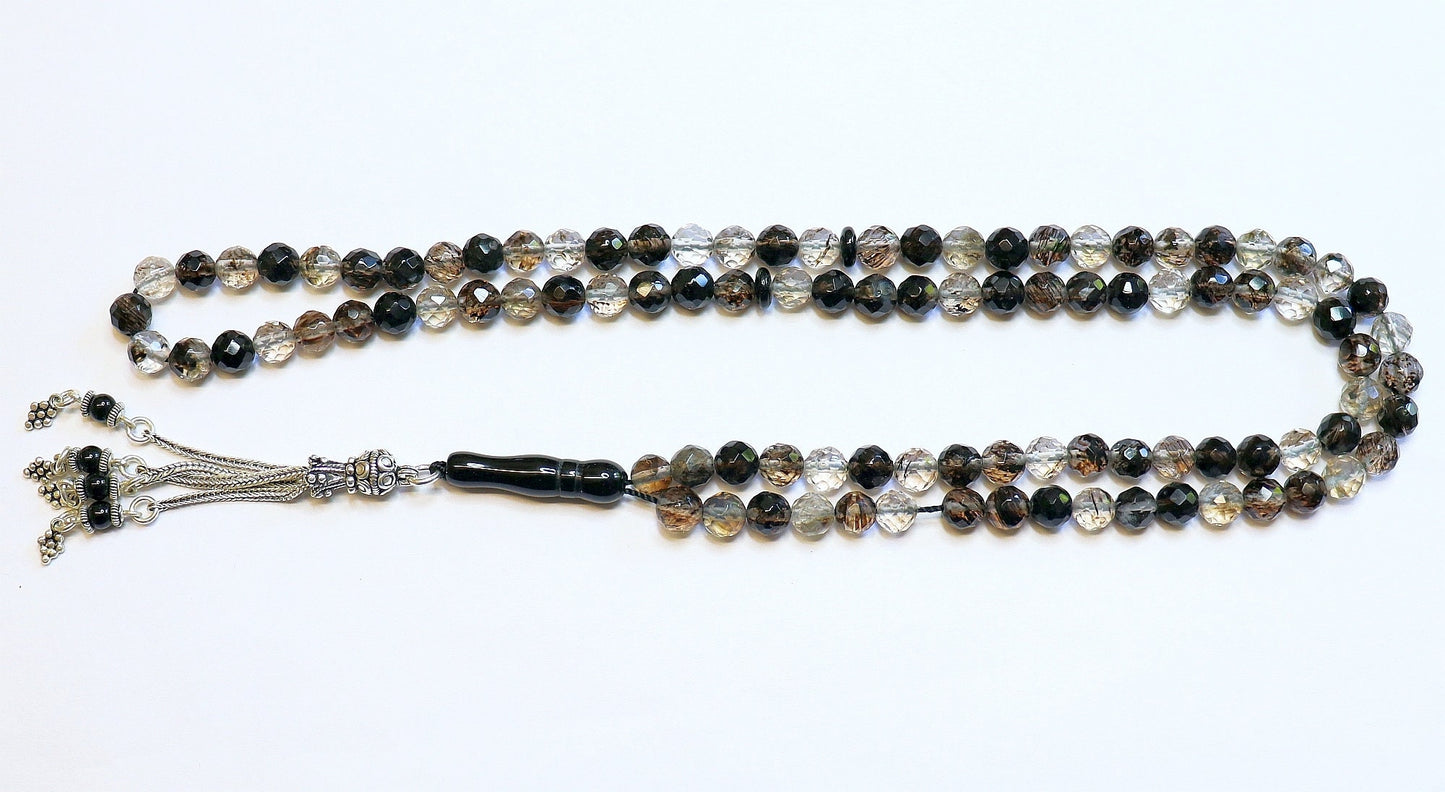 Islamic Prayer Beads Tesbih Faceted 99 Black Matrix Quartz and Sterling Silver