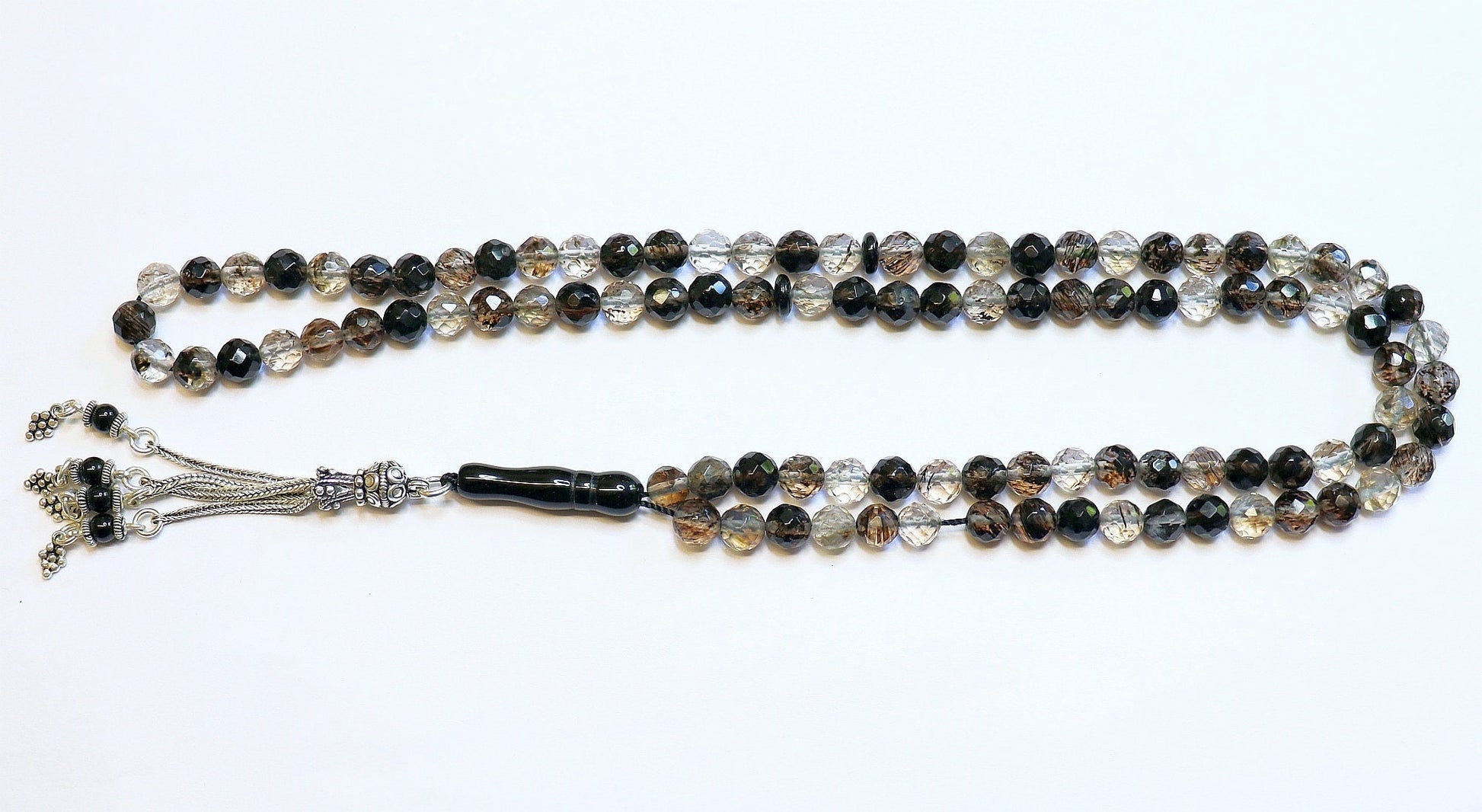 Islamic Prayer Beads Tesbih Faceted 99 Black Matrix Quartz and Sterling Silver