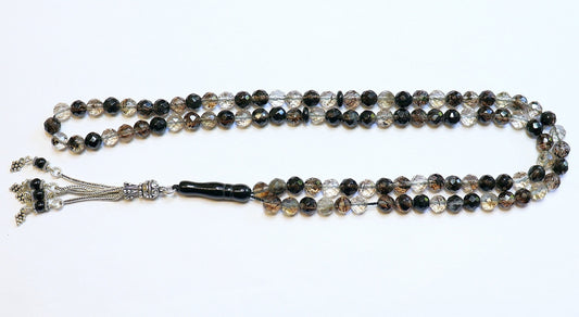 Islamic Prayer Beads Tesbih Faceted 99 Black Matrix Quartz and Sterling Silver