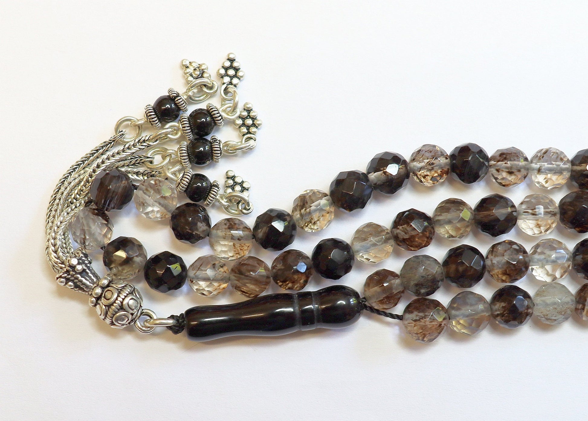 Islamic Prayer Beads Tesbih Faceted 99 Black Matrix Quartz and Sterling Silver