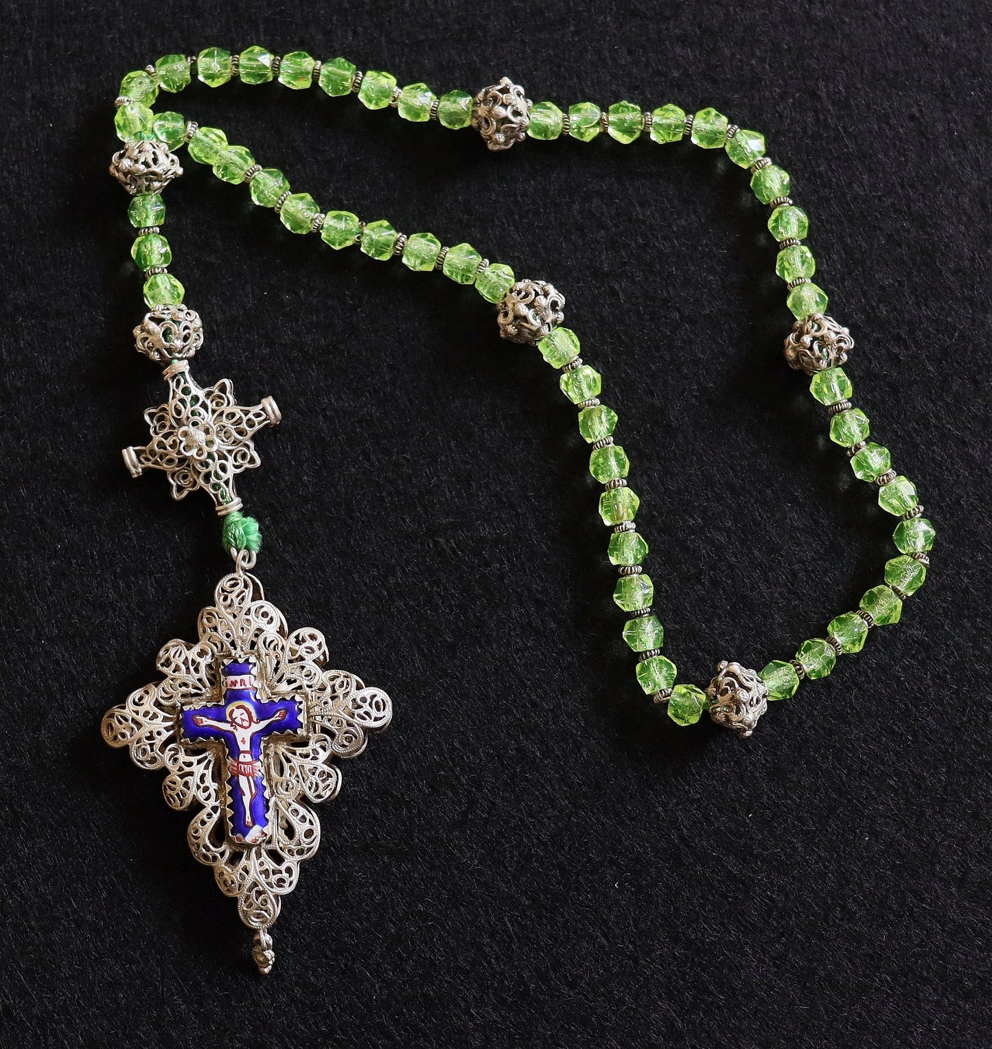 Unique Bavarian Rosary Sterling Silver and Uranium (Vaseline) Glass 19th Century XXXR