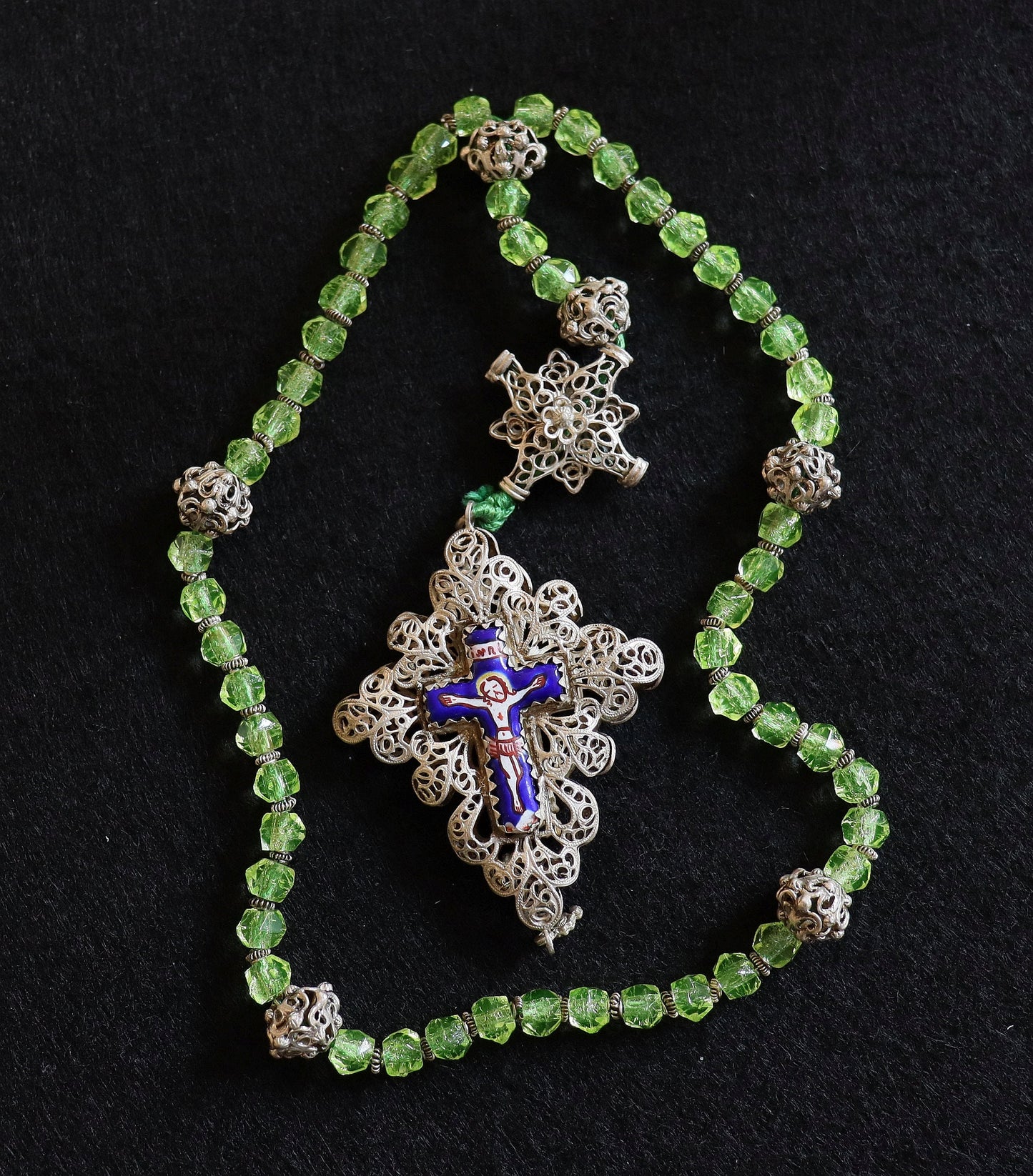 Unique Bavarian Rosary Sterling Silver and Uranium (Vaseline) Glass 19th Century XXXR