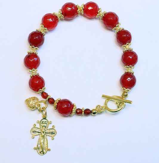 Catholic Rosary Bracelet Faceted Genuine Ruby and Vermeil