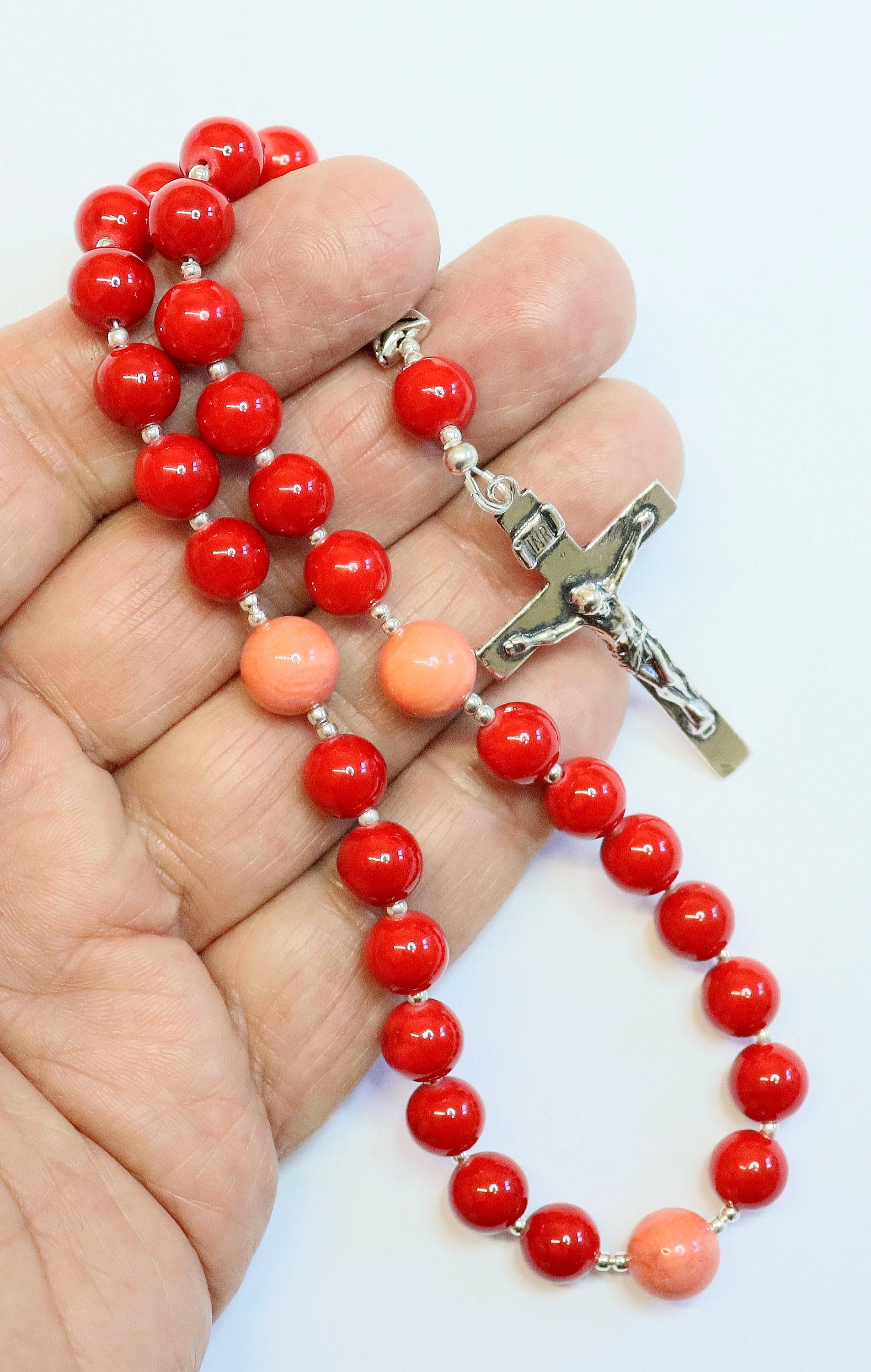 Anglican Episcopal Rosary Coral Beads & Sterling Silver Cross