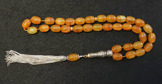 Luxury Prayer Beads Tesbih Amber Color Crackled Barrel Agate & Sterling -Top Quality- Collector's