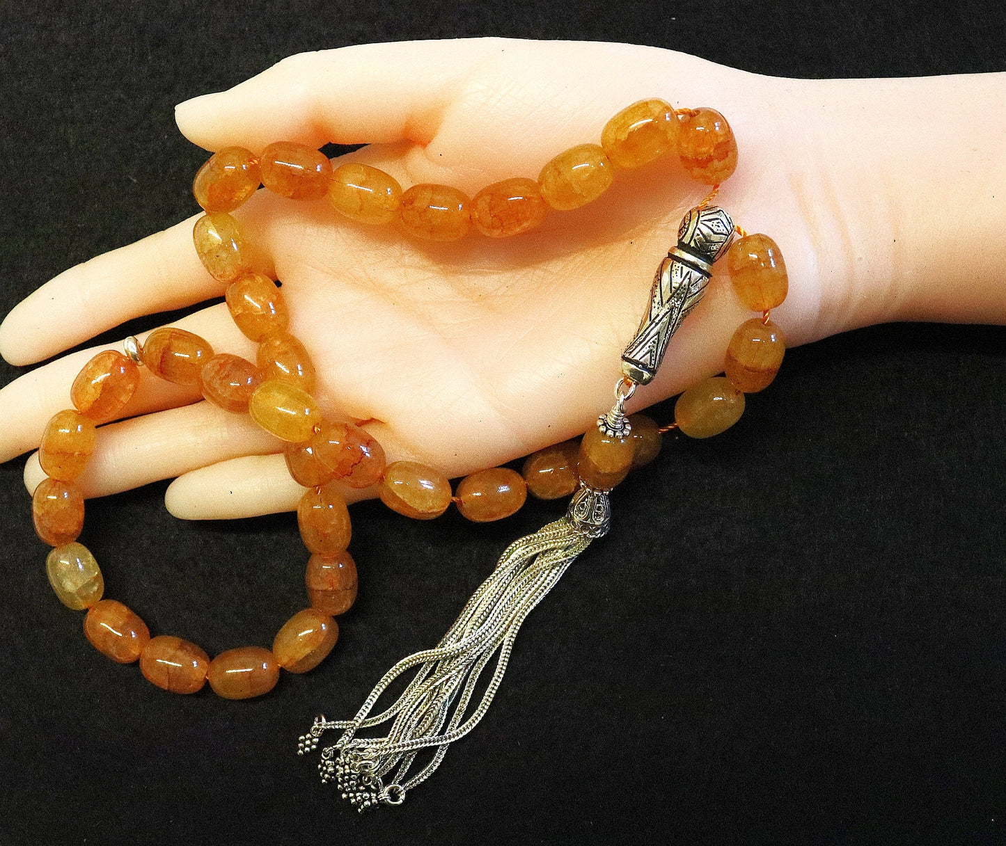 Luxury Prayer Beads Tesbih Amber Color Crackled Barrel Agate & Sterling -Top Quality- Collector's