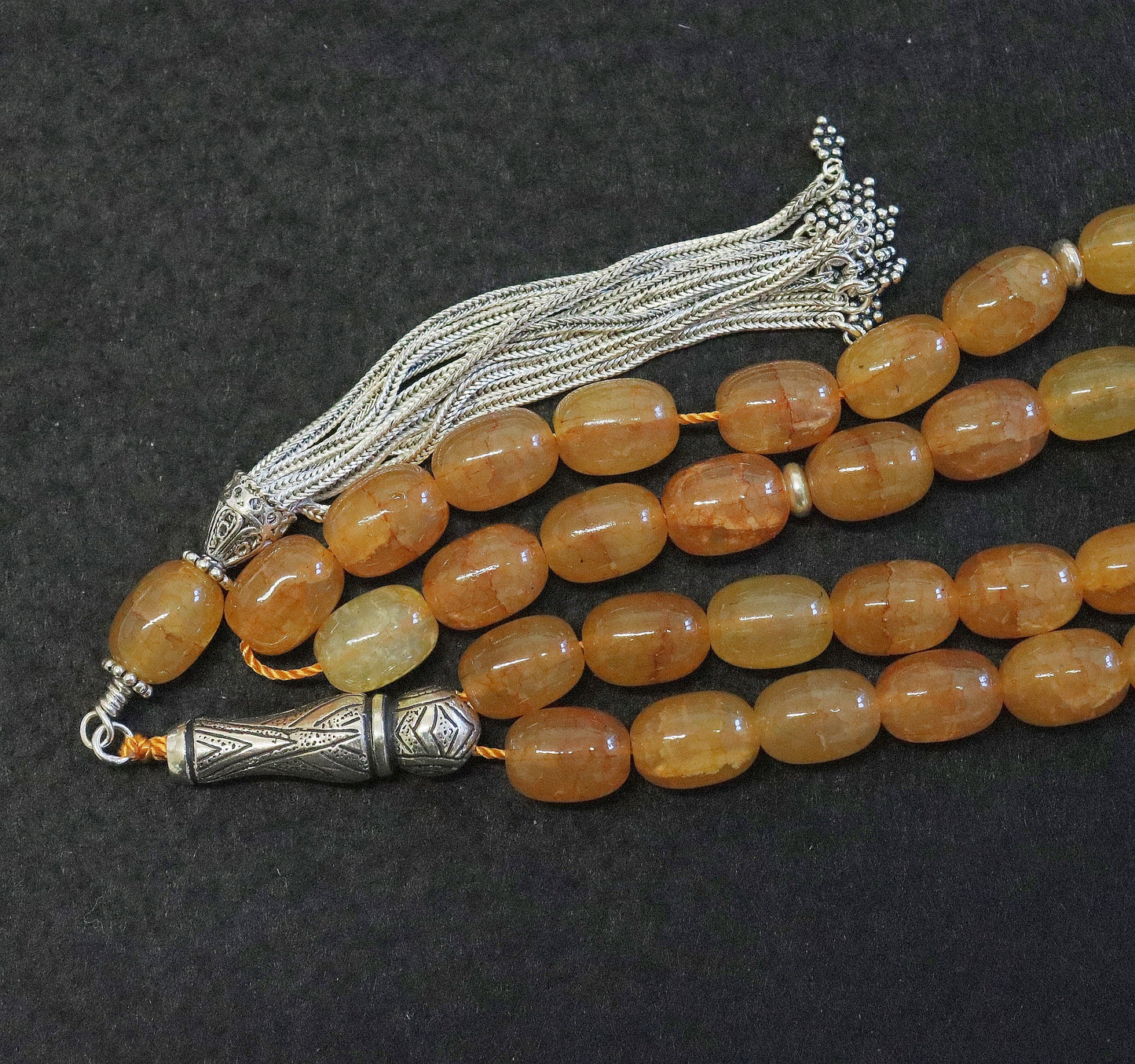 Luxury Prayer Beads Tesbih Amber Color Crackled Barrel Agate & Sterling -Top Quality- Collector's