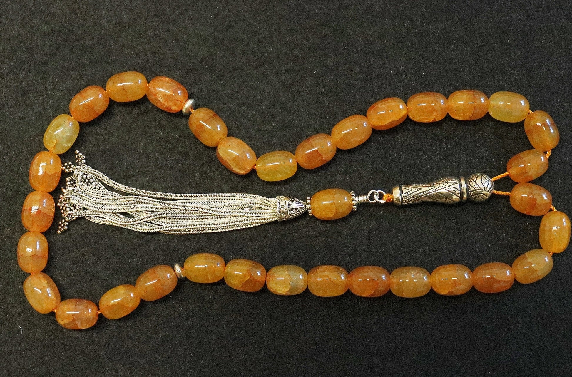 Luxury Prayer Beads Tesbih Amber Color Crackled Barrel Agate & Sterling -Top Quality- Collector's