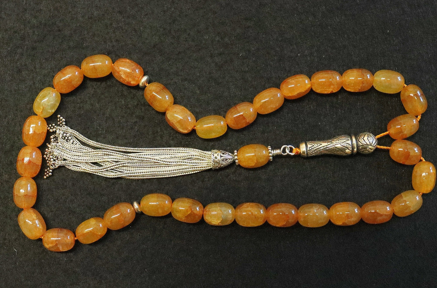 Luxury Prayer Beads Tesbih Amber Color Crackled Barrel Agate & Sterling -Top Quality- Collector's