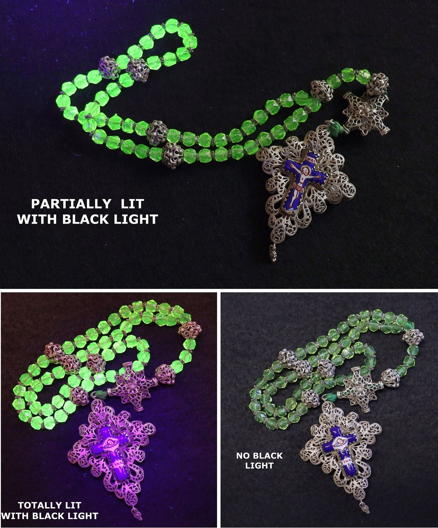 Unique Bavarian Rosary Sterling Silver and Uranium (Vaseline) Glass 19th Century XXXR