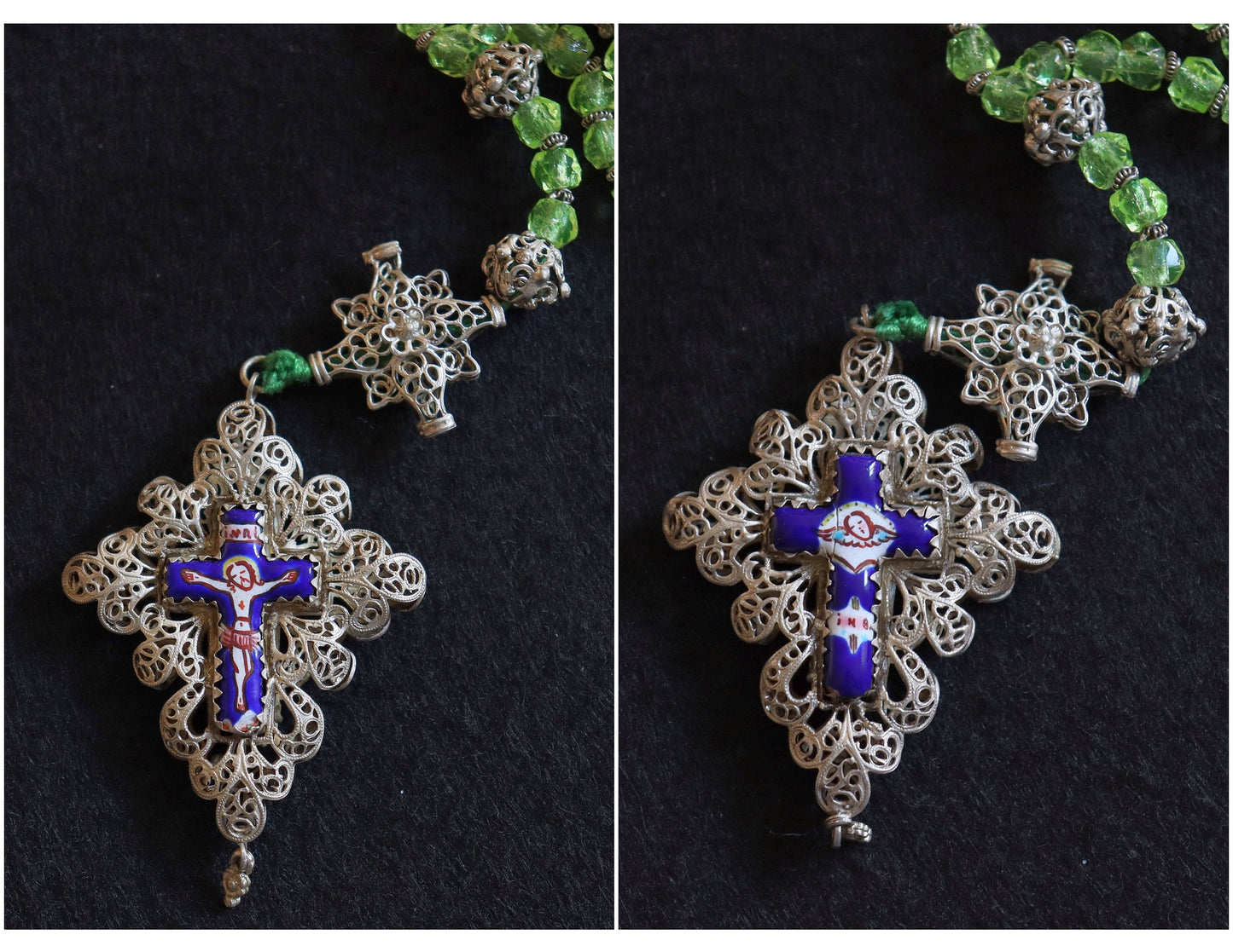 Unique Bavarian Rosary Sterling Silver and Uranium (Vaseline) Glass 19th Century XXXR