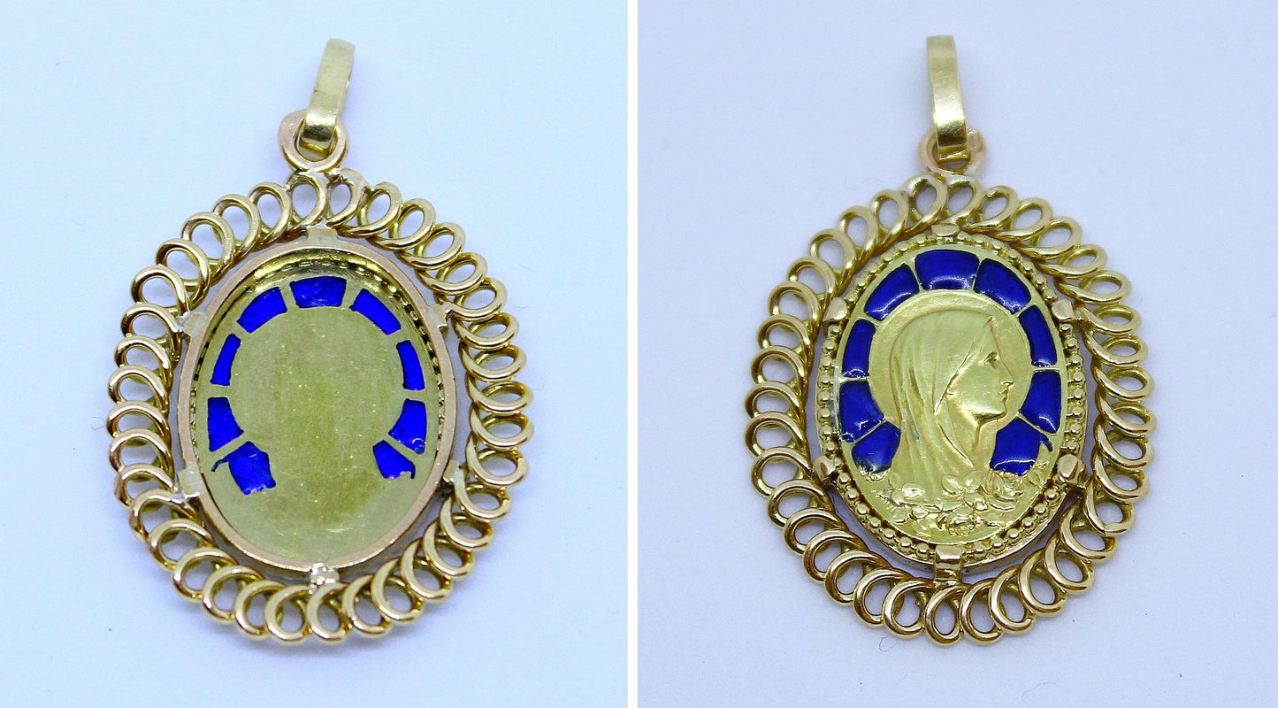 Vintage 1920's 18 K Gold Plique-à-Jour Virgin Mary Pendant Medal in Open Work Frame