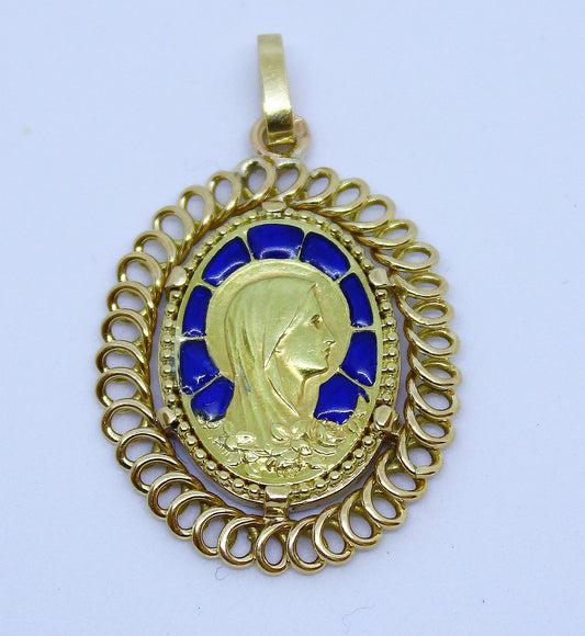 Vintage 1920's 18 K Gold Plique-à-Jour Virgin Mary Pendant Medal in Open Work Frame