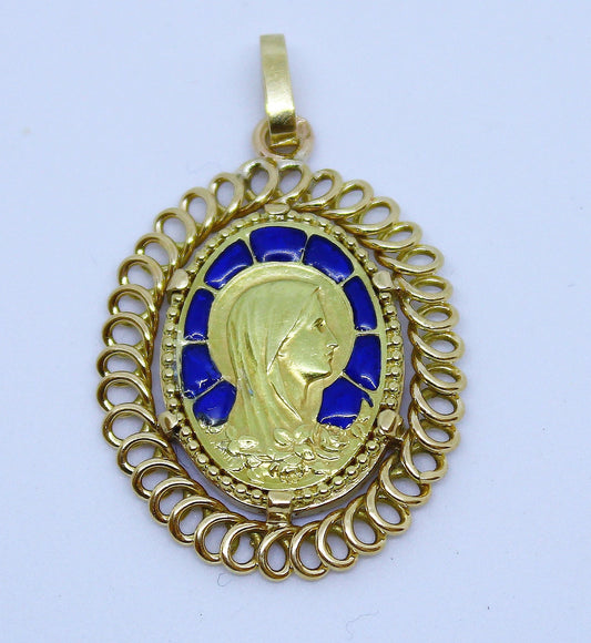 Antique 1920's 18 K Gold Plique-à-Jour VIRGIN MARY PENDANT Medal in Open Work Frame - Perfect for Religious Gift