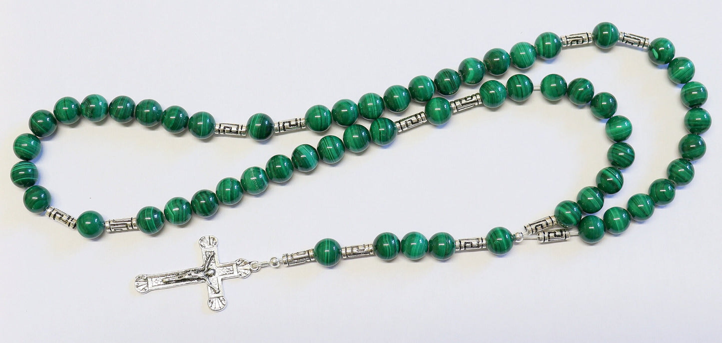 Catholic Rosary Prayer Beads Malachite and Heavy Sterling Silver