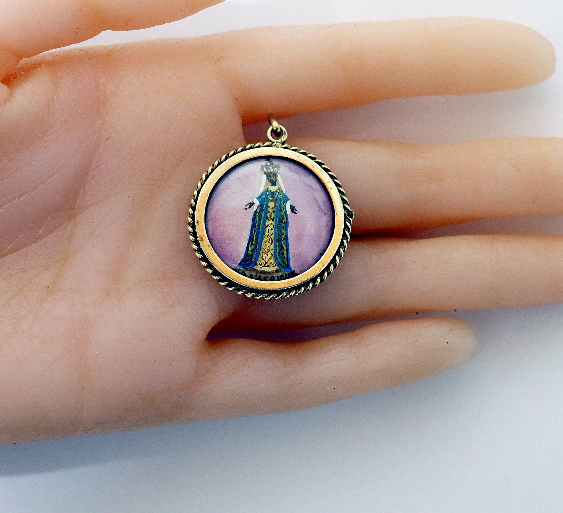 1930's Vermeil Medal Pendant Hand Painted Miniature of Our Lady of Africa - XXR