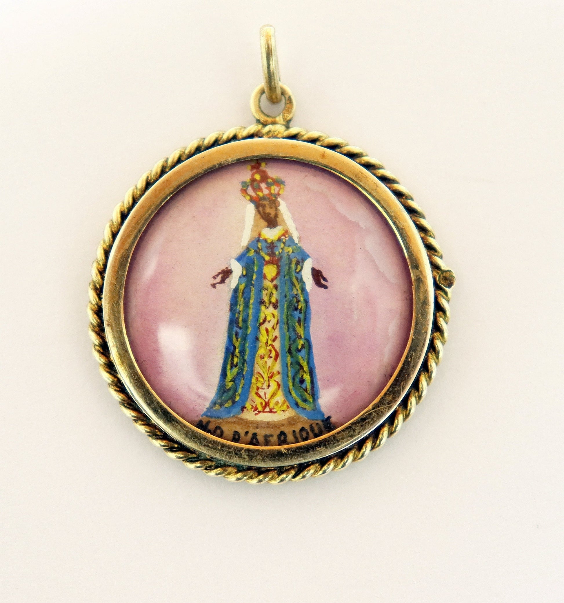 1930's Vermeil Medal Pendant Hand Painted Miniature of Our Lady of Africa - XXR