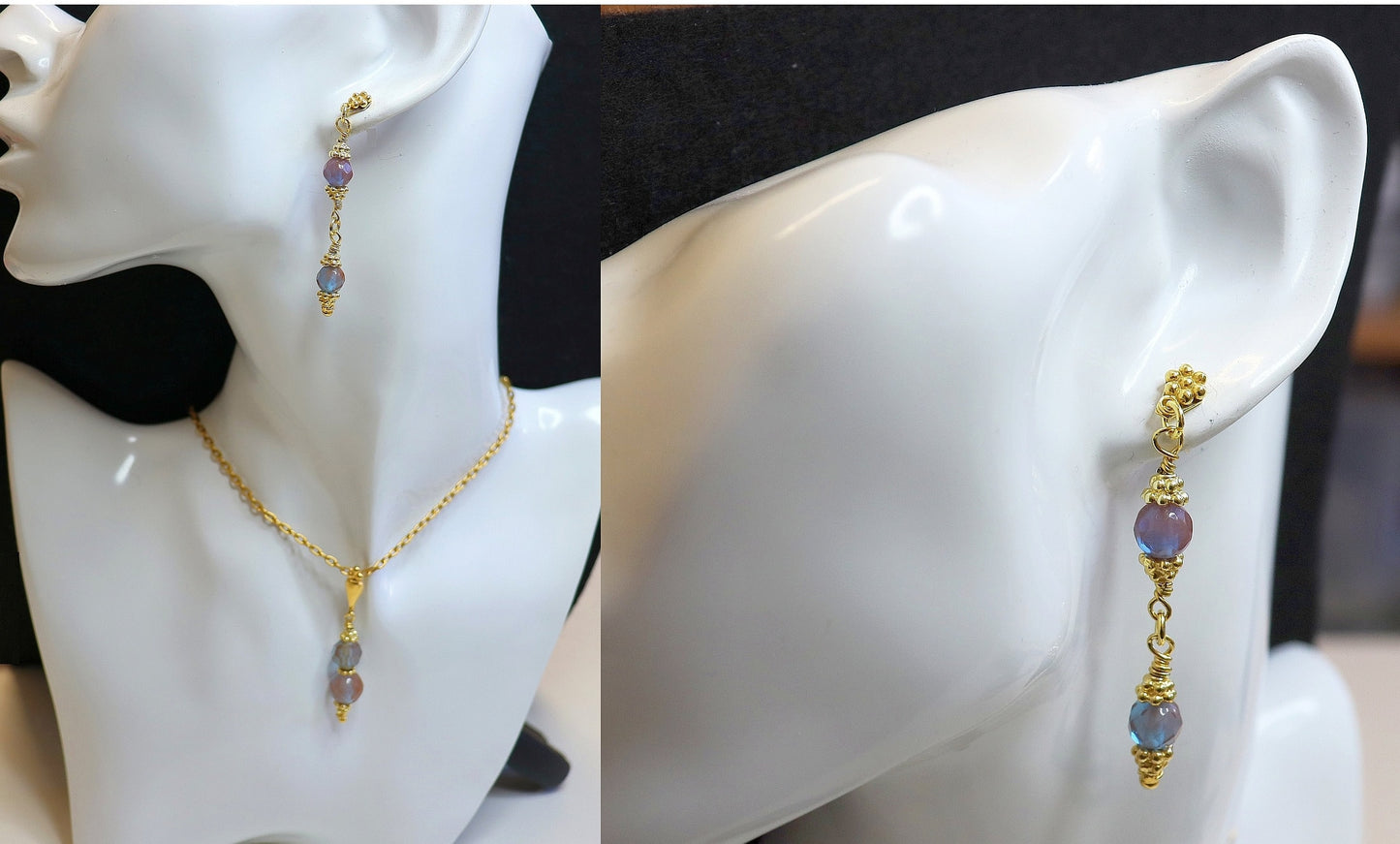 Antique Genuine SAPHIRET Vermeil Earrings, Chain & Pendant Set Top Rarity Unique