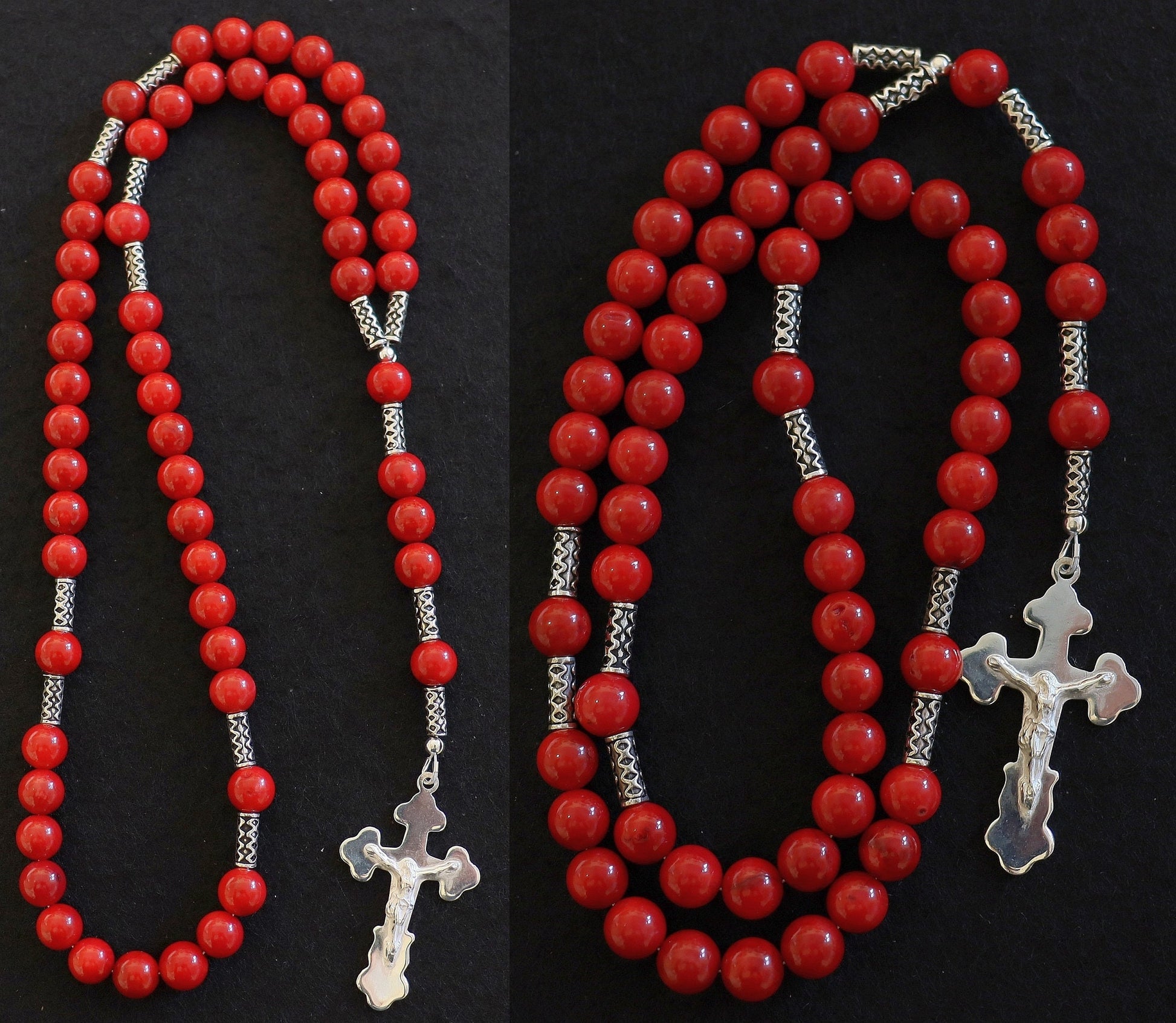 Catholic Rosary Prayer Beads Red Coral & Sterling