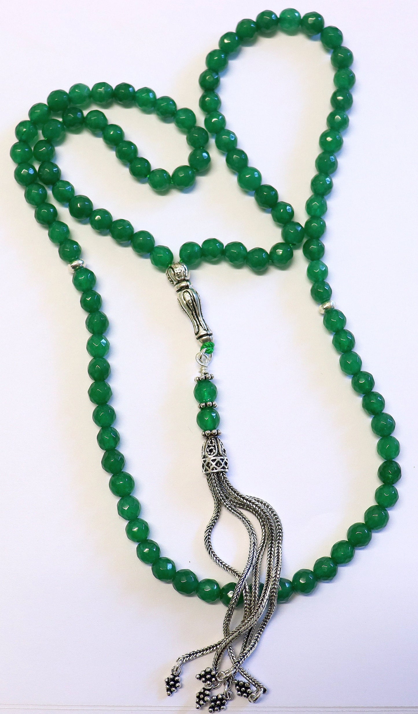 Islamic Prayer Beads Tesbih Gebetskette Genuine Faceted Emerald & Sterling -99 Beads