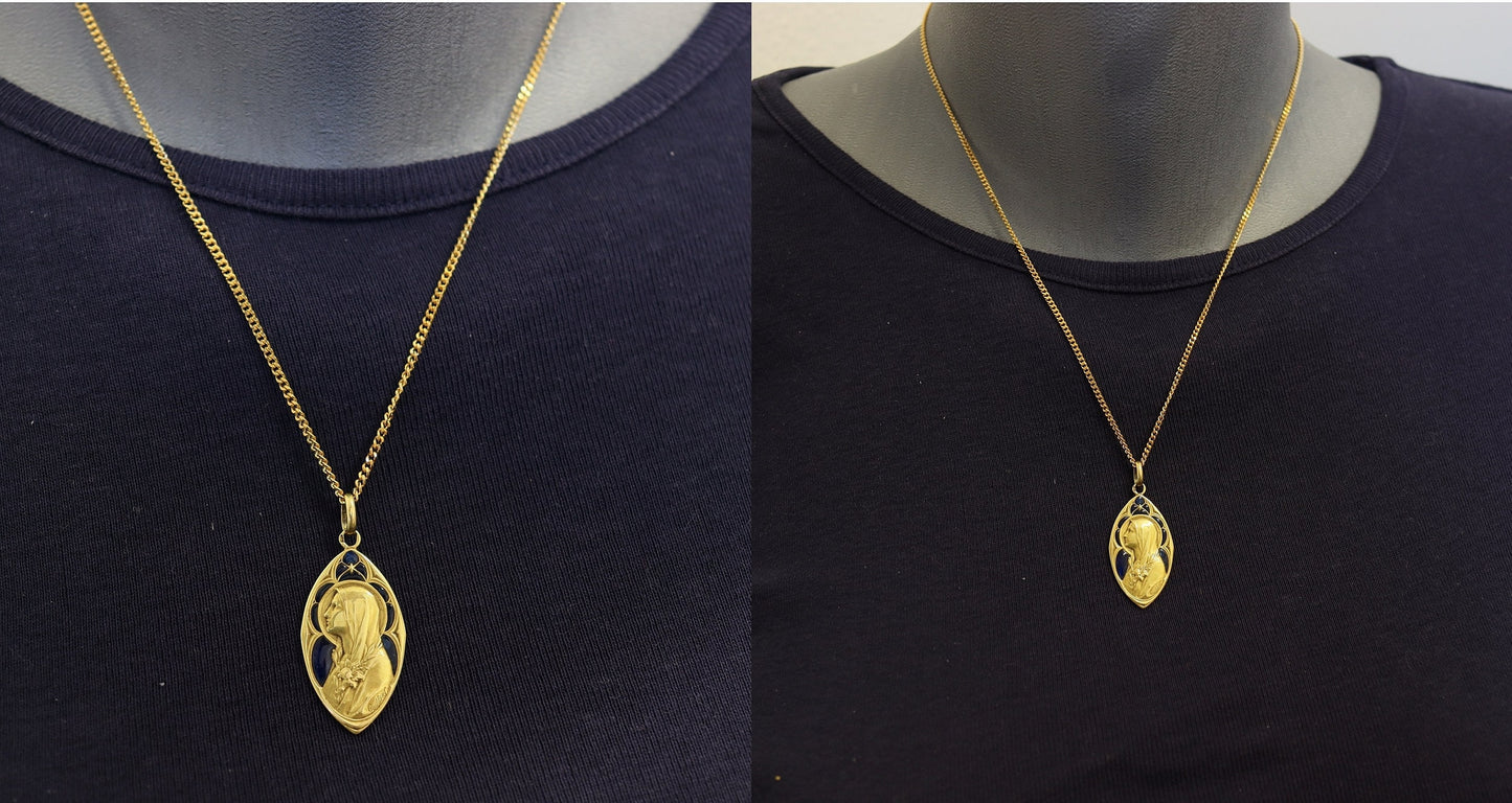 Antique 18 K Gold Plique-à-Jour Virgin Mary Heavy Pendant By Gilbert -dd 1918 - Very Rare