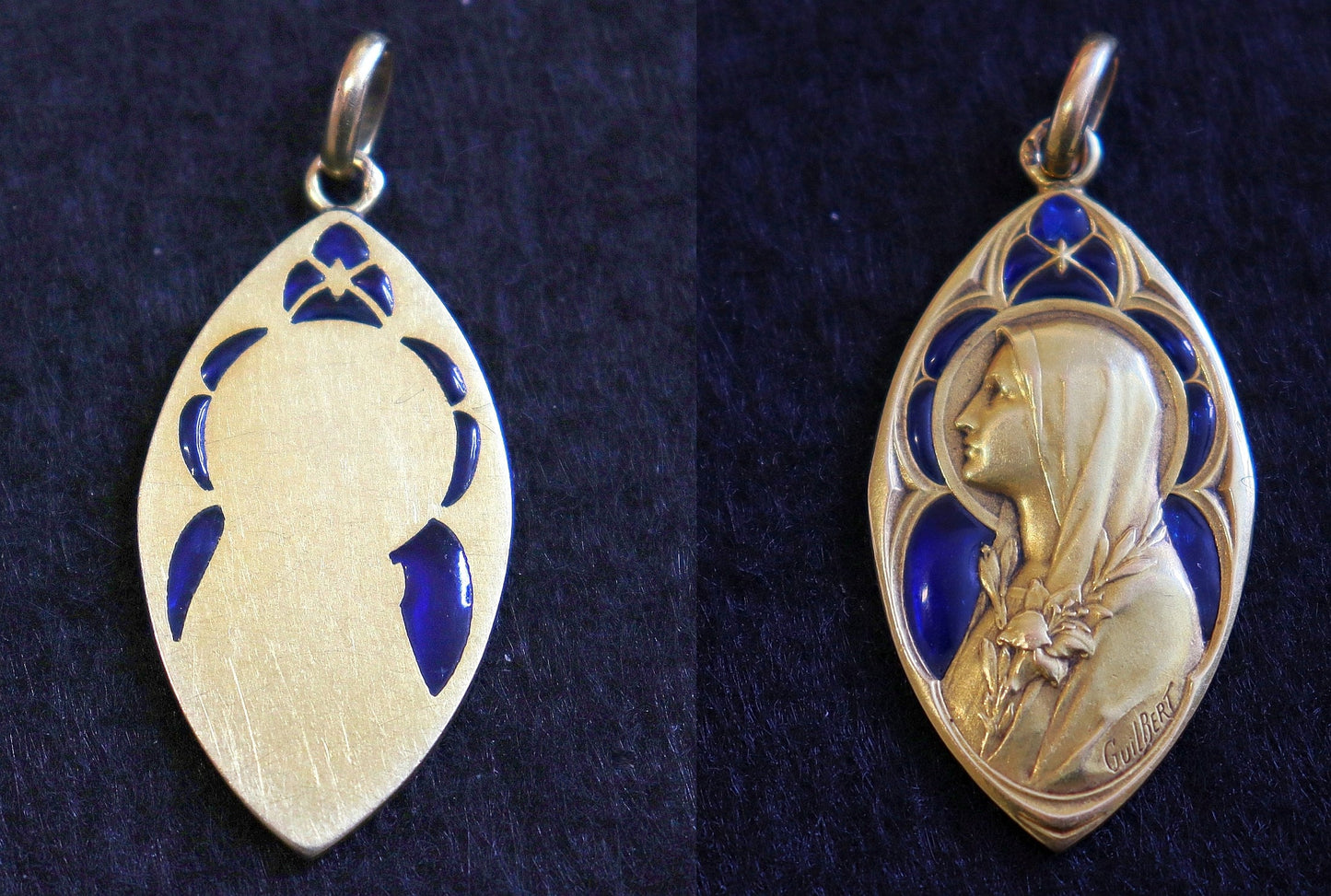 Antique 18 K Gold Plique-à-Jour Virgin Mary Heavy Pendant By Gilbert -dd 1918 - Very Rare