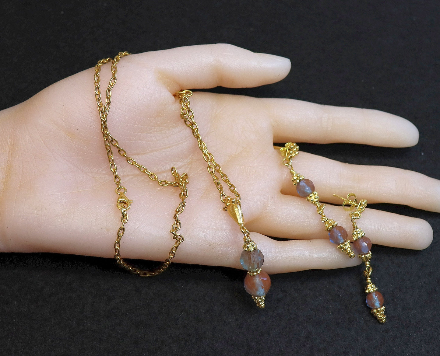 Antique Genuine SAPHIRET Vermeil Earrings, Chain & Pendant Set Top Rarity Unique