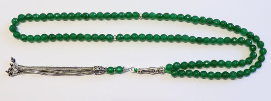 Islamic Prayer Beads Tesbih Gebetskette Genuine Faceted Emerald & Sterling -99 Beads